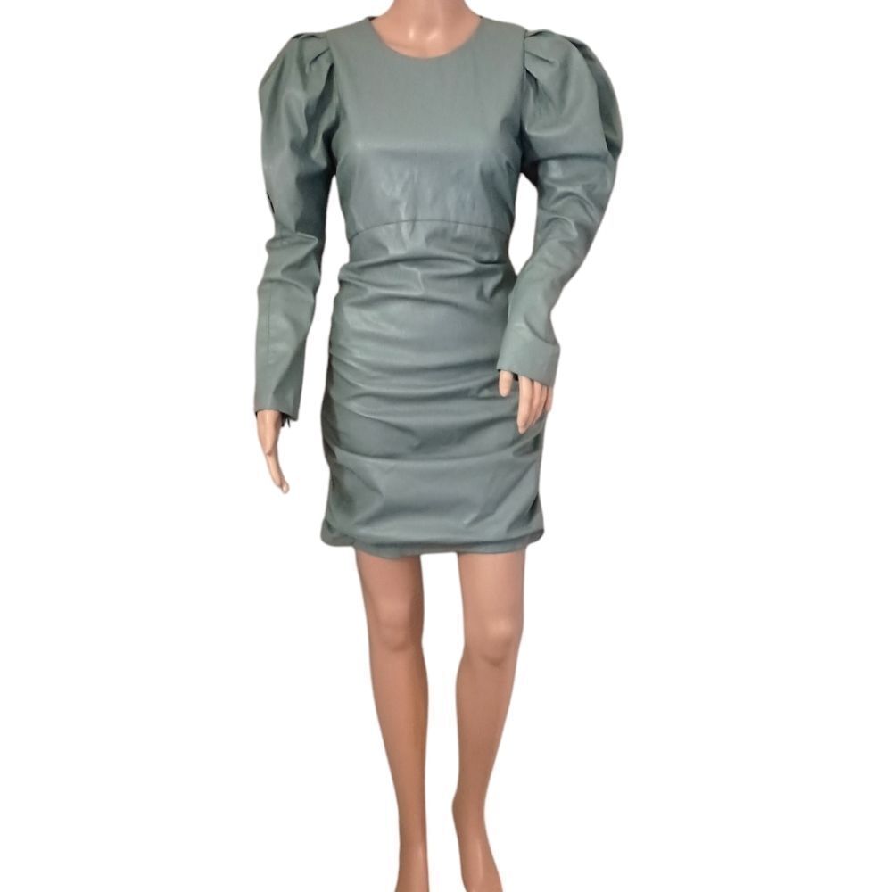 Zara Faux Leather Dress L Sexy Ruched Blogger Puff Sleeves Bodycon Avant Garde - Picture 11 of 16